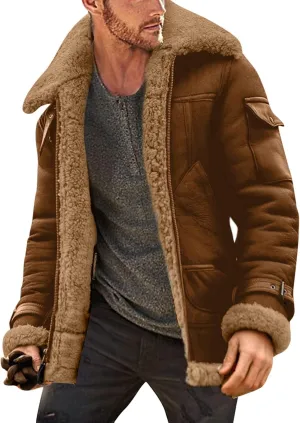 Mens 2024 Winter Trendy Faux Leather Jackets Heavyweight Suede Faux Fur Bomber Jackets Winter Coats Cozy Sherpa