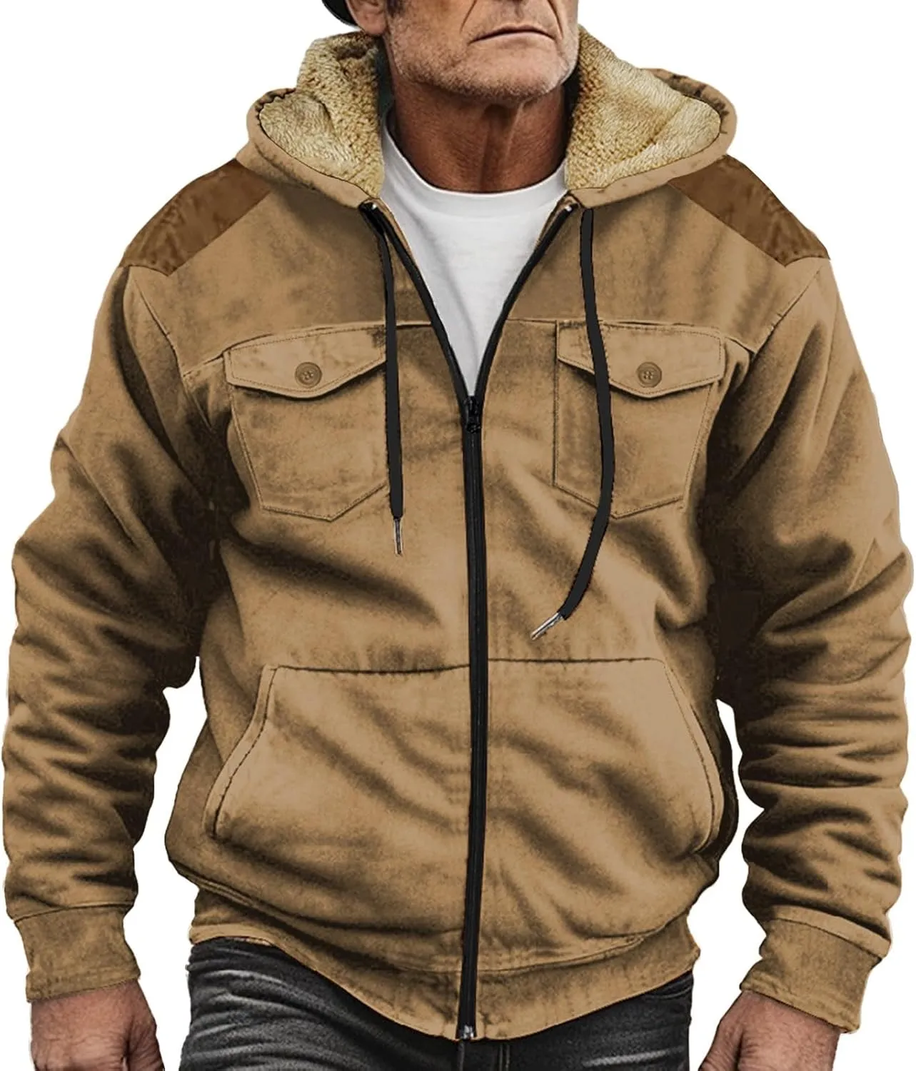 Men's Aztec Western Jackets Cowboy Winter Warm Sherpa Suede Fleece Coats Long Sleeve Retro Ethnic Vintage Casual Jacket