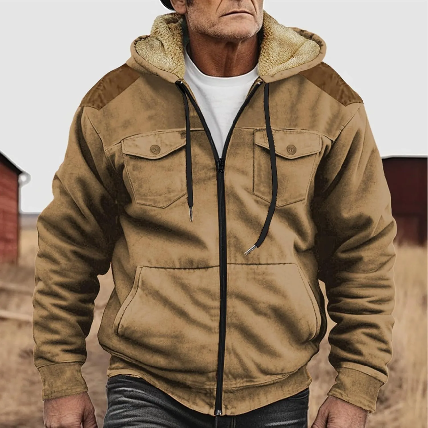 Men's Aztec Western Jackets Cowboy Winter Warm Sherpa Suede Fleece Coats Long Sleeve Retro Ethnic Vintage Casual Jacket