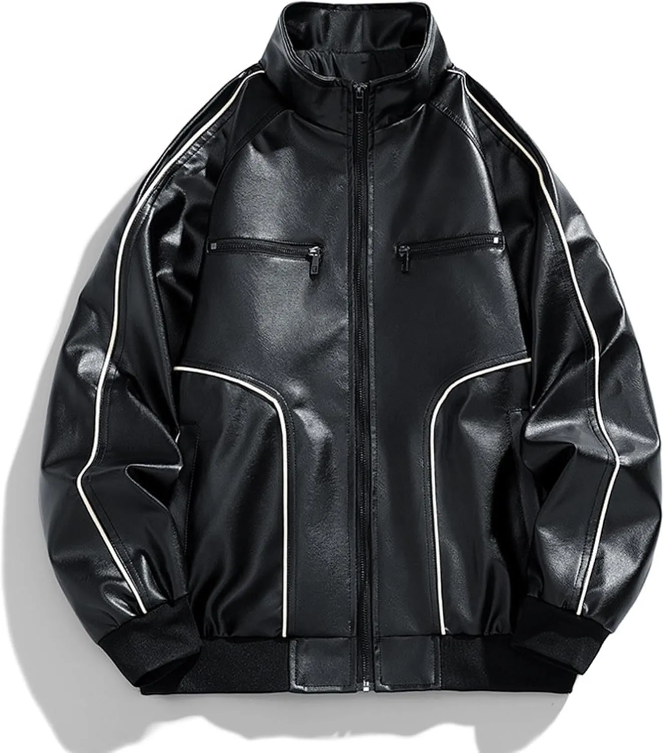 Mens Black Faux Leather Jacket Teens Trendy Going Out Coat Casual Baggy Zipper Outerwear Motorcycle Biker Jacket