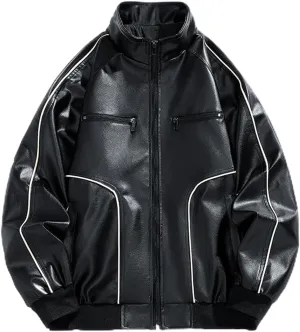 Mens Black Faux Leather Jacket Teens Trendy Going Out Coat Casual Baggy Zipper Outerwear Motorcycle Biker Jacket