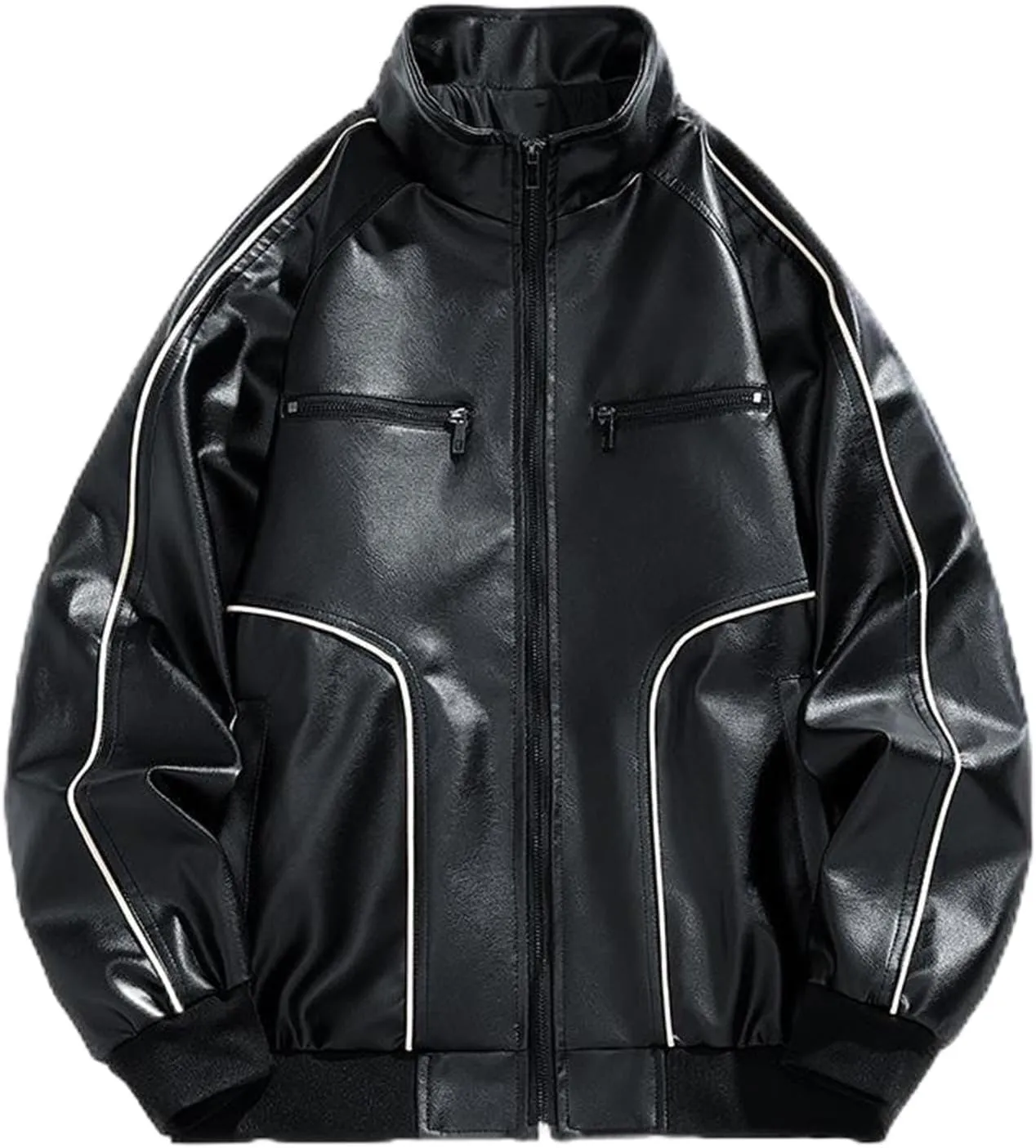 Mens Black Faux Leather Jacket Teens Trendy Going Out Coat Casual Baggy Zipper Outerwear Motorcycle Biker Jacket