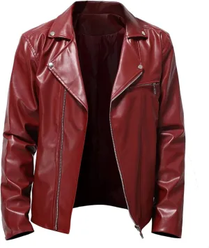 Mens Black Faux Leather Jacket Zip Up Fitted PU Leather Windbreaker Jackets Motorcycle Biker Coat with Pocket