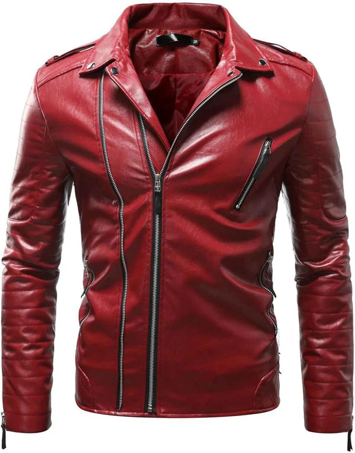 Mens Black Faux Leather Jacket Zip Up Windbreaker Fitted PU Leather Jackets Motorcycle Biker Coat with Pocket
