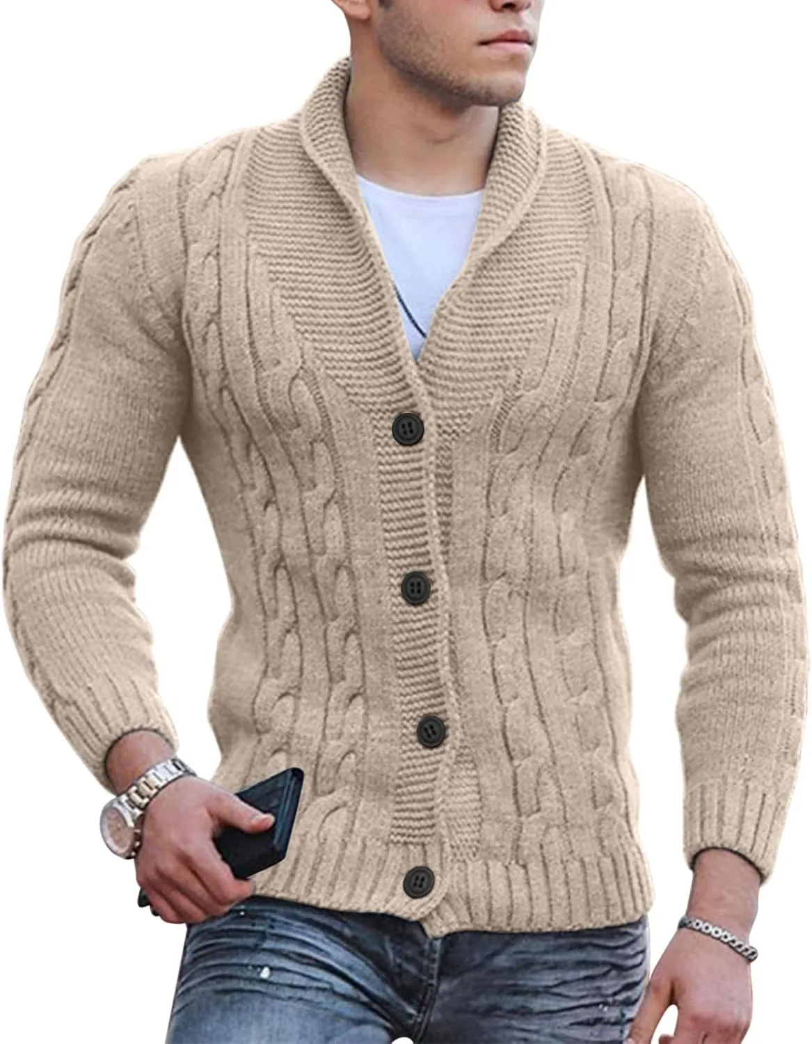 Men's Cardigan Sweater Button Down Long Sleeve Pullover Solid Color Knitted Hooded Casual Loose Knitwear with Pockets