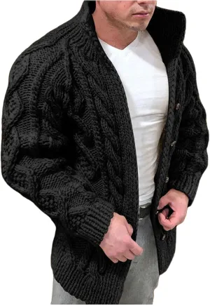 Men's Cardigan Sweater Stand Collar Button Down Pullover Long Sleeve Twist Textured Knitwear Solid Color Fall Sweater