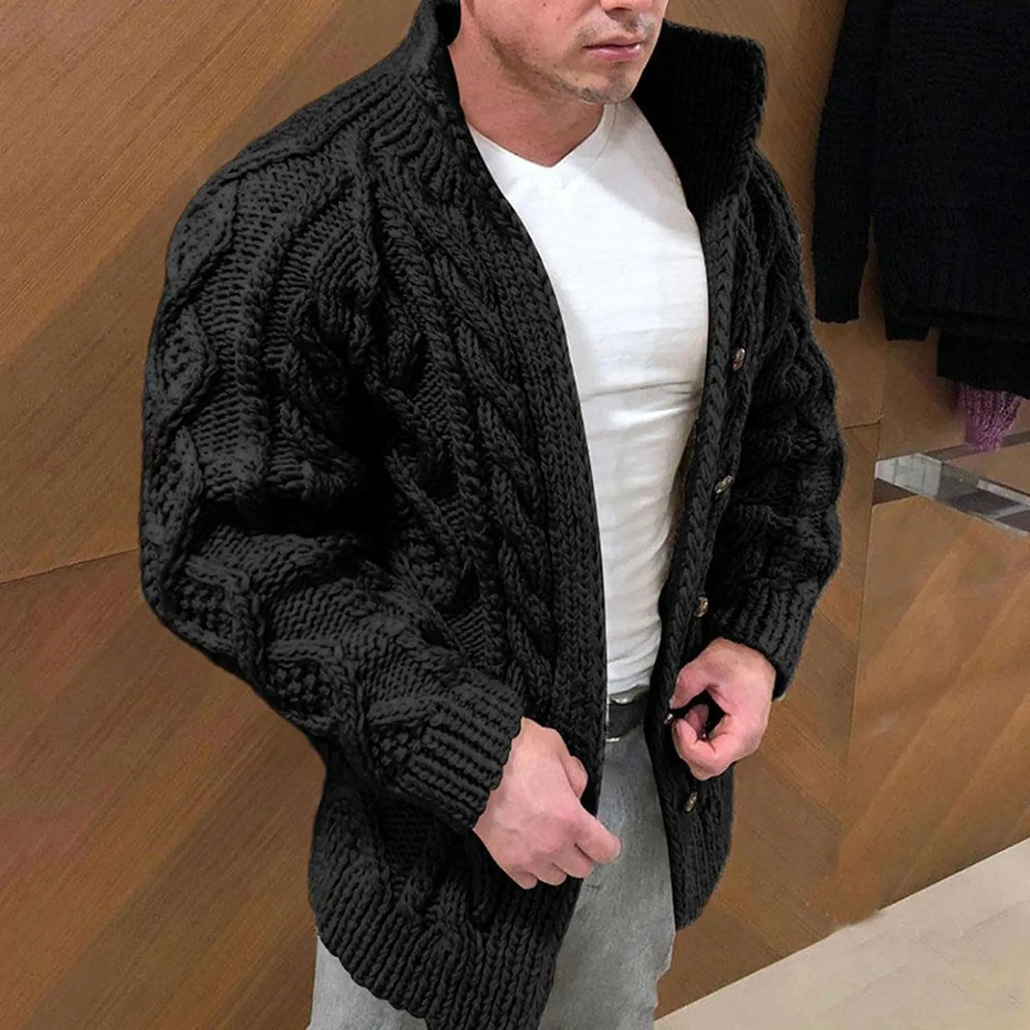 Men's Cardigan Sweater Stand Collar Button Down Pullover Long Sleeve Twist Textured Knitwear Solid Color Fall Sweater