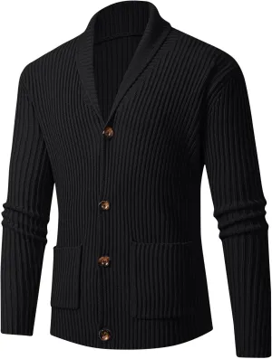 Men's Cardigan Sweaters Shawl Collar Cardigan Ribbed Long Sleeve Sweater Button Down Sweaters with Two Front Pockets