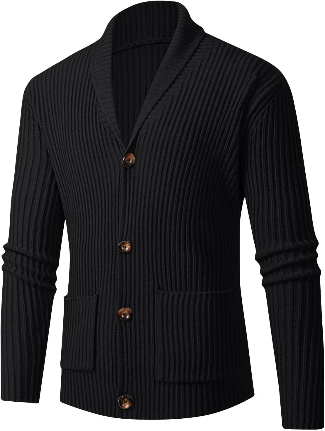 Men's Cardigan Sweaters Shawl Collar Cardigan Ribbed Long Sleeve Sweater Button Down Sweaters with Two Front Pockets