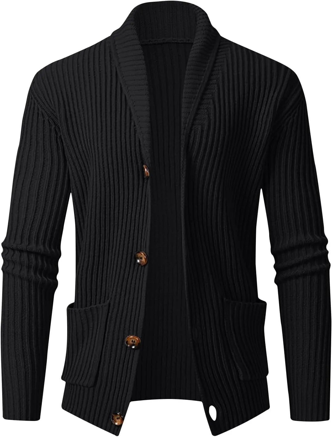Men's Cardigan Sweaters Shawl Collar Cardigan Ribbed Long Sleeve Sweater Button Down Sweaters with Two Front Pockets