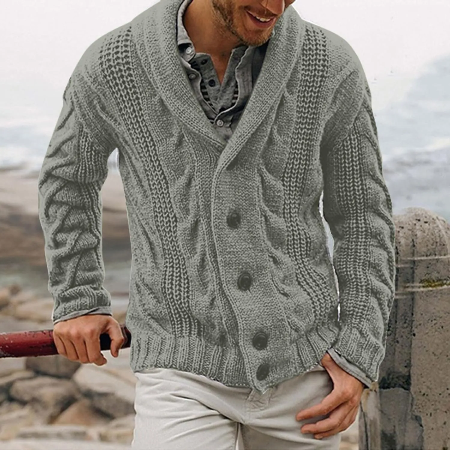Men's Cashmere Sweaters, Mens Cable Knit Cardigan Sweater Shawl Collar Loose Fit Long Sleeve Casual Cardigans