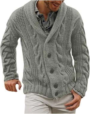 Men's Cashmere Sweaters, Mens Cable Knit Cardigan Sweater Shawl Collar Loose Fit Long Sleeve Casual Cardigans