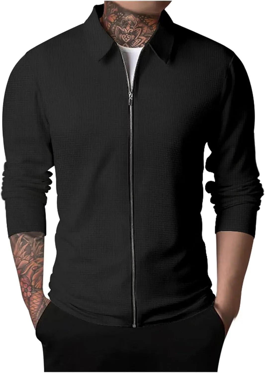 Mens Casual Cardigan Sweaters Lapel Collar Solid Color Long Sleeve Jackets Full Zipper Closure Button Up Pullover Top Shirts