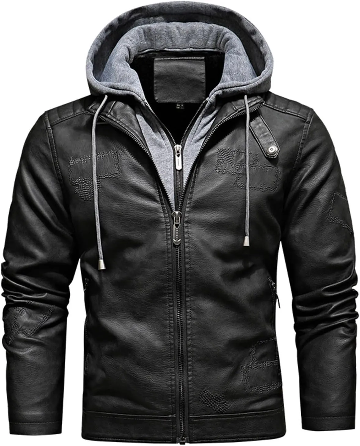 Mens Casual Zipper Jackets Faux Leather Motorcycle Detachable Hooded Jacket Fall Winter Bomber Jacket Moto Outerwear