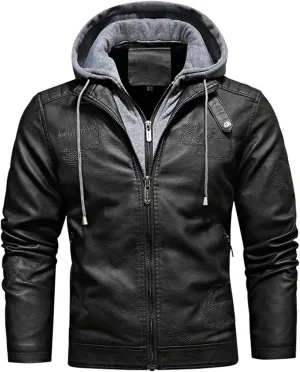Mens Casual Zipper Jackets Faux Leather Motorcycle Detachable Hooded Jacket Fall Winter Bomber Jacket Moto Outerwear