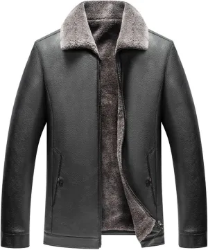 Men's Classic Faux Leather Jacket Motorcycle Winter Fleece Lined Sherpa Faux Fur Lapel Casual Zipper PU Leather Coats