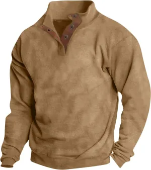 Men's Classic Long Sleeve Sweatshirts Casual Solid Pullover Shirts Stand Collar Button Stylish Fall Winter Tops