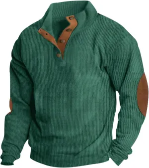 Men's Corduroy Sweatshirt Vintage Long Sleeve Stand Collar Button Pullover Sweatshirts Pullover Casual Hoodies