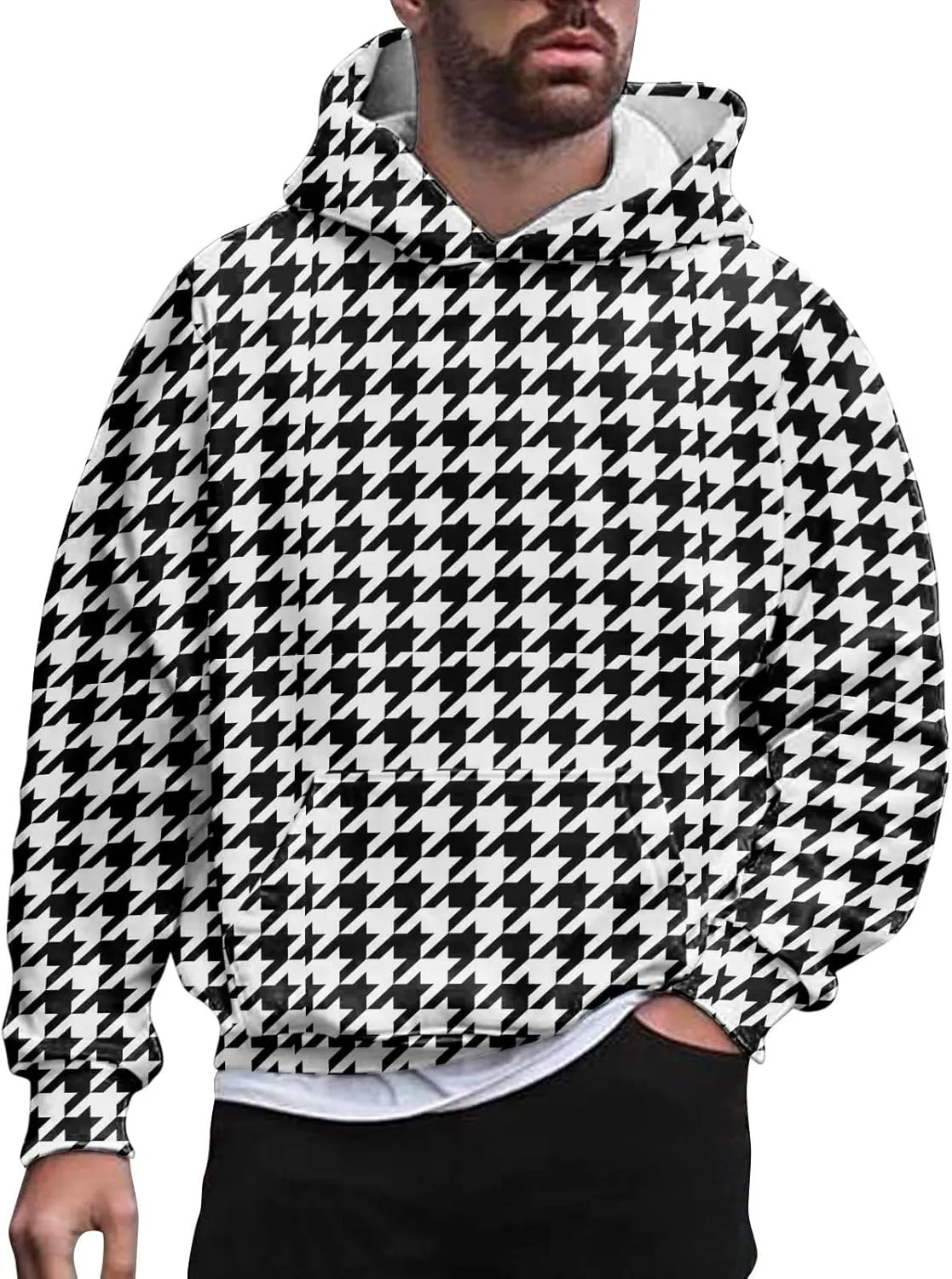 Men's Fashion Checkered Hooded Sweatshirts Retro Print Casual Sports Hoodies Long Sleeve Pullover Tops with Pocket