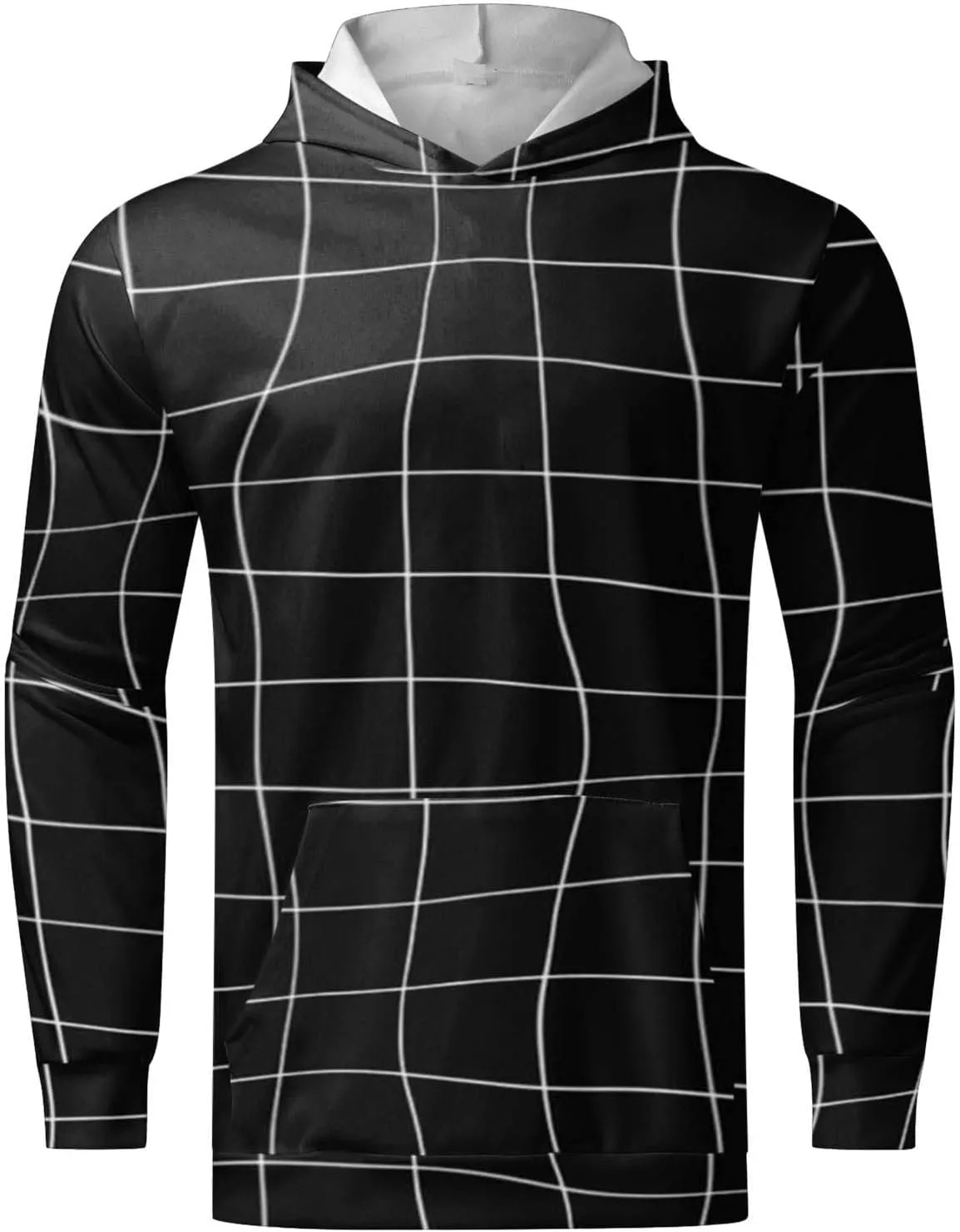 Men's Fashion Checkered Hooded Sweatshirts Retro Print Casual Sports Hoodies Long Sleeve Pullover Tops with Pocket