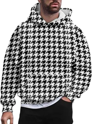 Men's Fashion Checkered Hooded Sweatshirts Retro Print Casual Sports Hoodies Long Sleeve Pullover Tops with Pocket