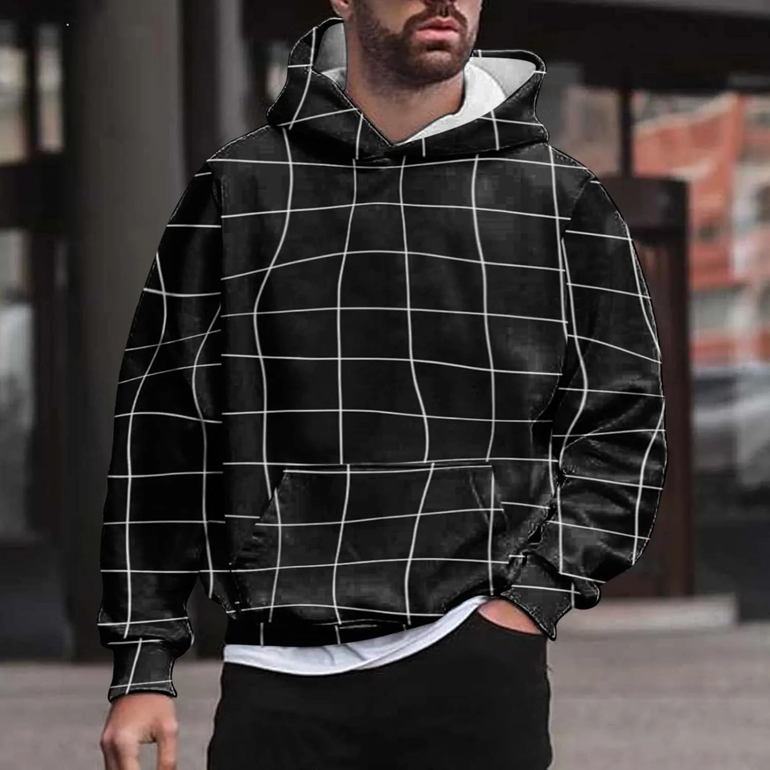 Men's Fashion Checkered Hooded Sweatshirts Retro Print Casual Sports Hoodies Long Sleeve Pullover Tops with Pocket