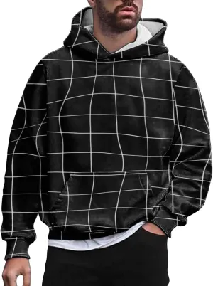 Men's Fashion Checkered Hooded Sweatshirts Retro Print Casual Sports Hoodies Long Sleeve Pullover Tops with Pocket