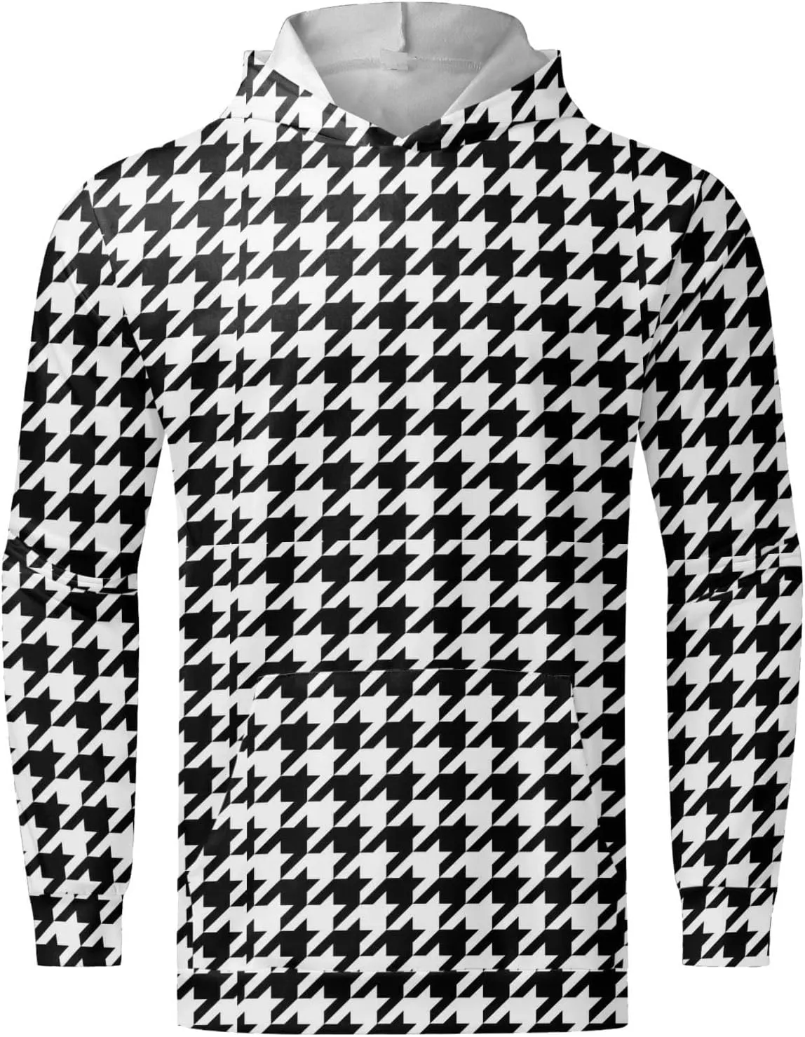 Men's Fashion Checkered Hooded Sweatshirts Retro Print Casual Sports Hoodies Long Sleeve Pullover Tops with Pocket