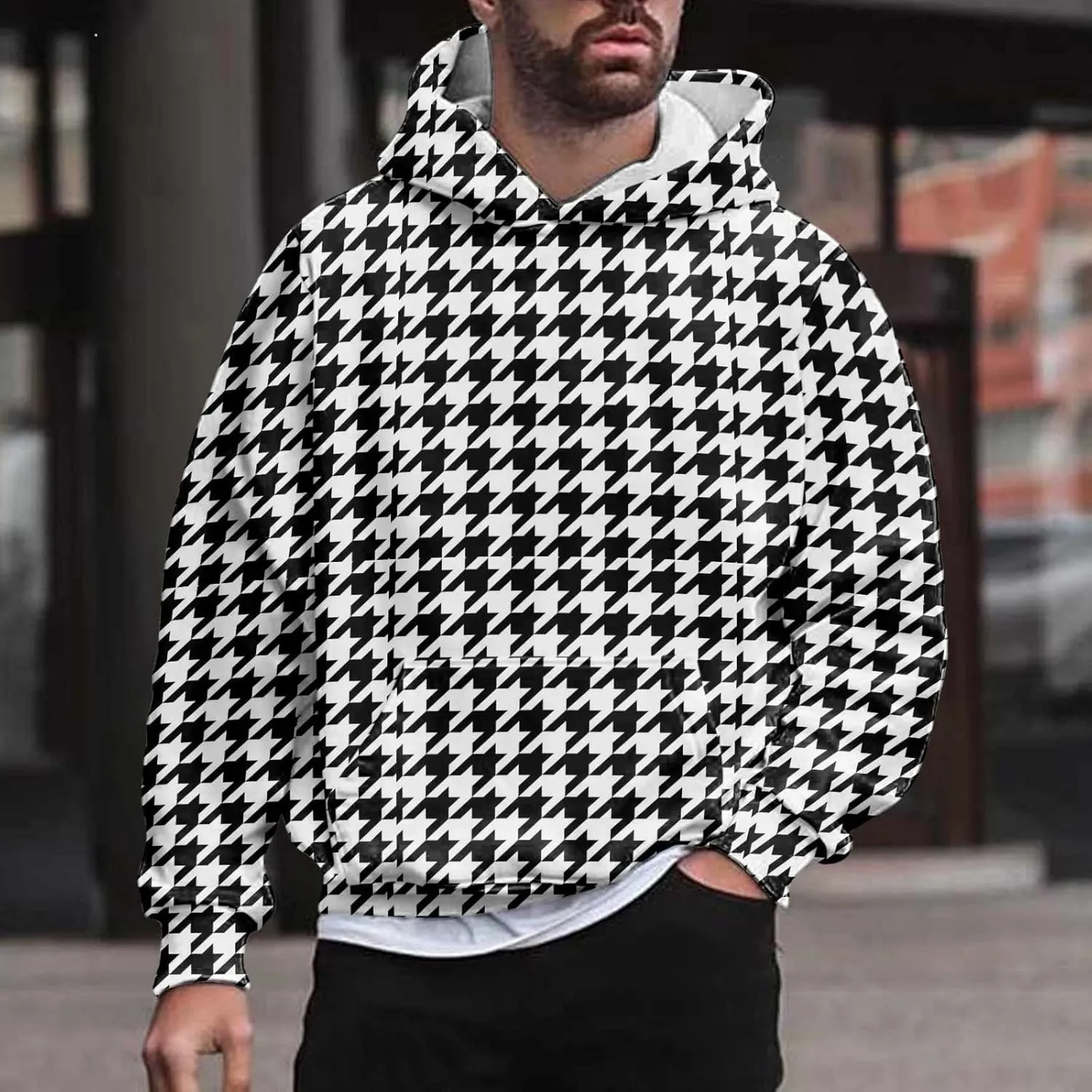 Men's Fashion Checkered Hooded Sweatshirts Retro Print Casual Sports Hoodies Long Sleeve Pullover Tops with Pocket