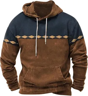 Mens Fashion Hoodies Tops Aztec Ethnic Print Graphic Patchwork Sweatshirts Loose Long Sleeve Pocket Hooded Pullovers