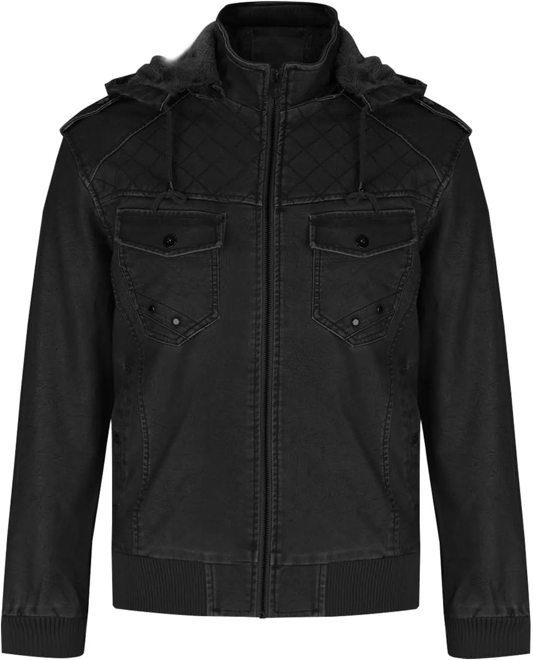 Men's Faux Leather Hooded Jacket Winter Fleece Lined Moto Vintage Bomber Hoodie Motorcycle Jacket Windproof Outerwear