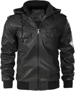 Men's Faux Leather Hooded Jacket Winter Fleece Lined Moto Vintage Bomber Hoodie Motorcycle Jacket Windproof Outerwear