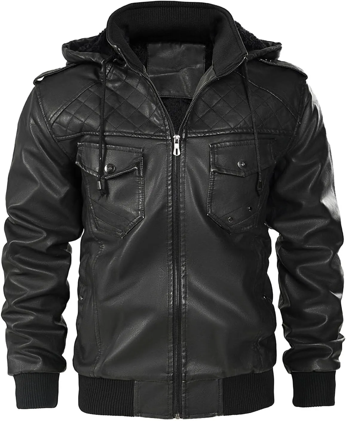 Men's Faux Leather Hooded Jacket Winter Fleece Lined Moto Vintage Bomber Hoodie Motorcycle Jacket Windproof Outerwear