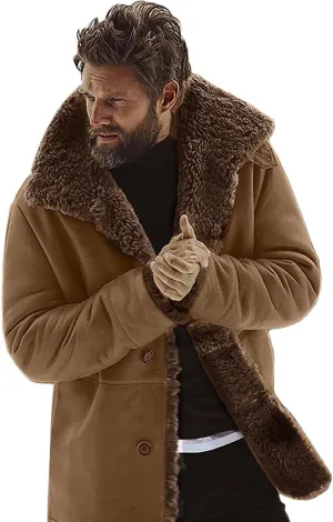 Men's Faux Leather Jacket Cozy Sherpa Fleece Lined Bomber Jackets Winter Coats Heavyweight Suede Faux Fur Trench Coat