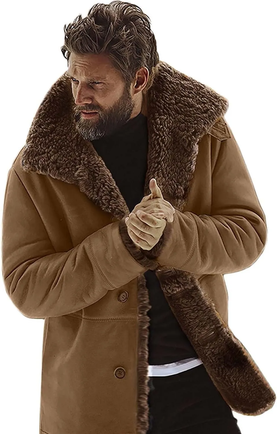 Men's Faux Leather Jacket Cozy Sherpa Fleece Lined Bomber Jackets Winter Coats Heavyweight Suede Faux Fur Trench Coat
