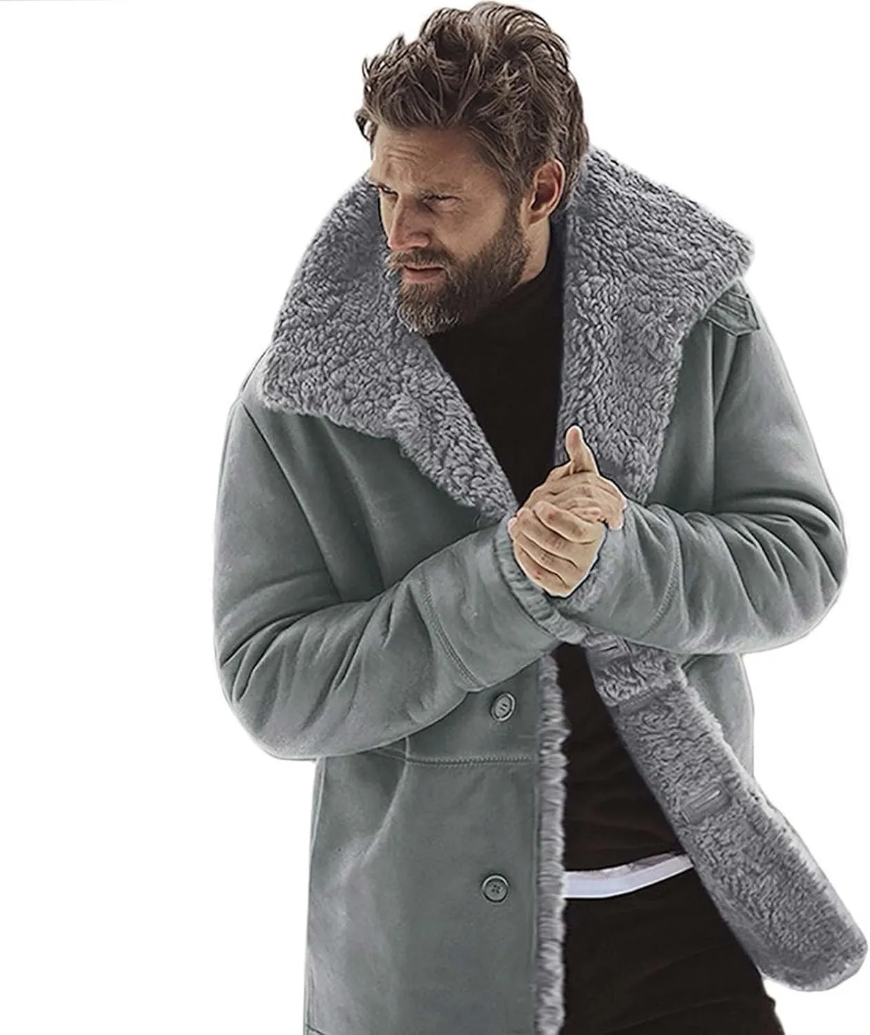 Men's Faux Leather Jacket Cozy Sherpa Fleece Lined Bomber Jackets Winter Coats Heavyweight Suede Faux Fur Trench Coat