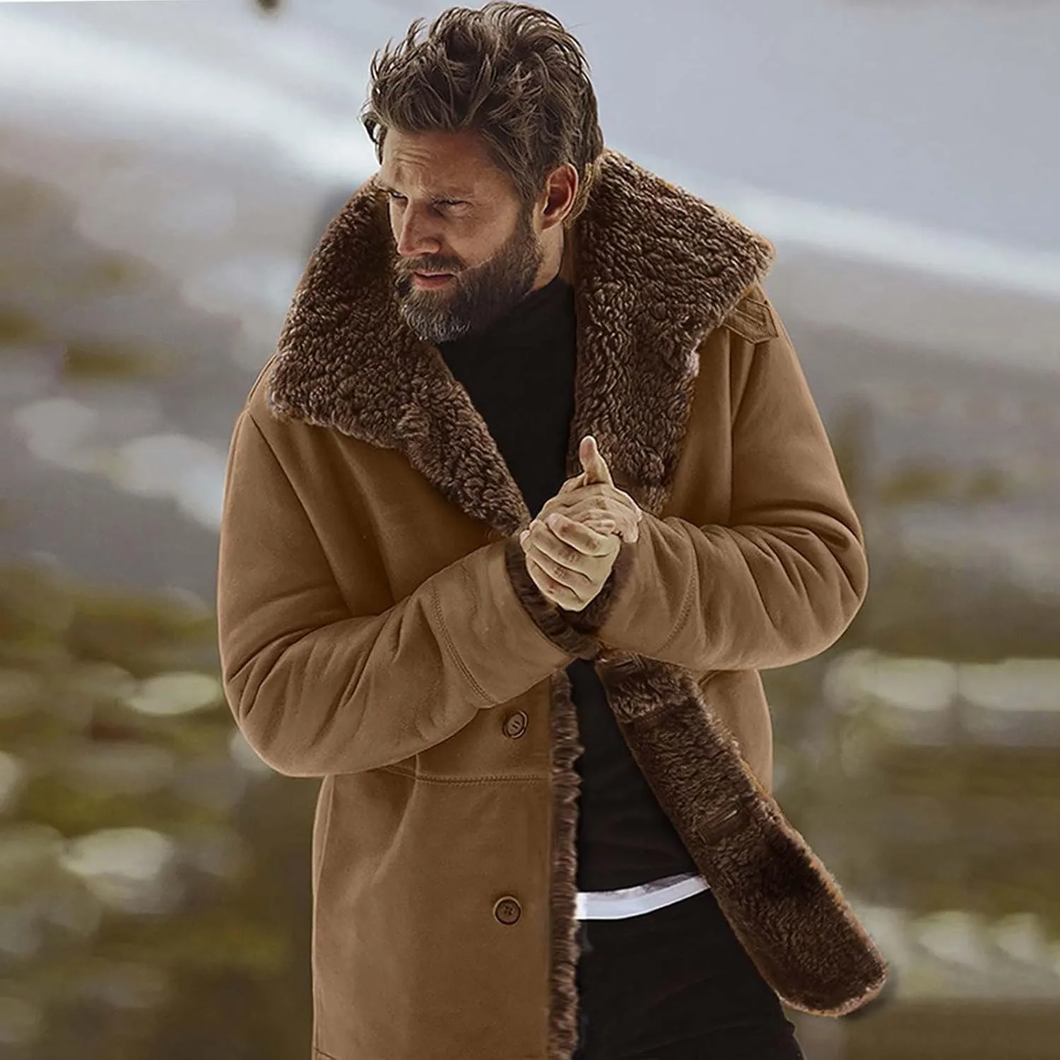 Men's Faux Leather Jacket Cozy Sherpa Fleece Lined Bomber Jackets Winter Coats Heavyweight Suede Faux Fur Trench Coat