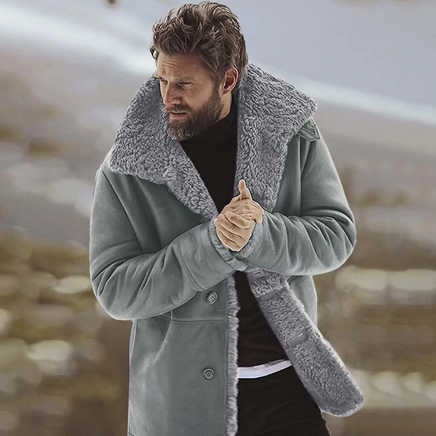 Men's Faux Leather Jacket Cozy Sherpa Fleece Lined Bomber Jackets Winter Coats Heavyweight Suede Faux Fur Trench Coat
