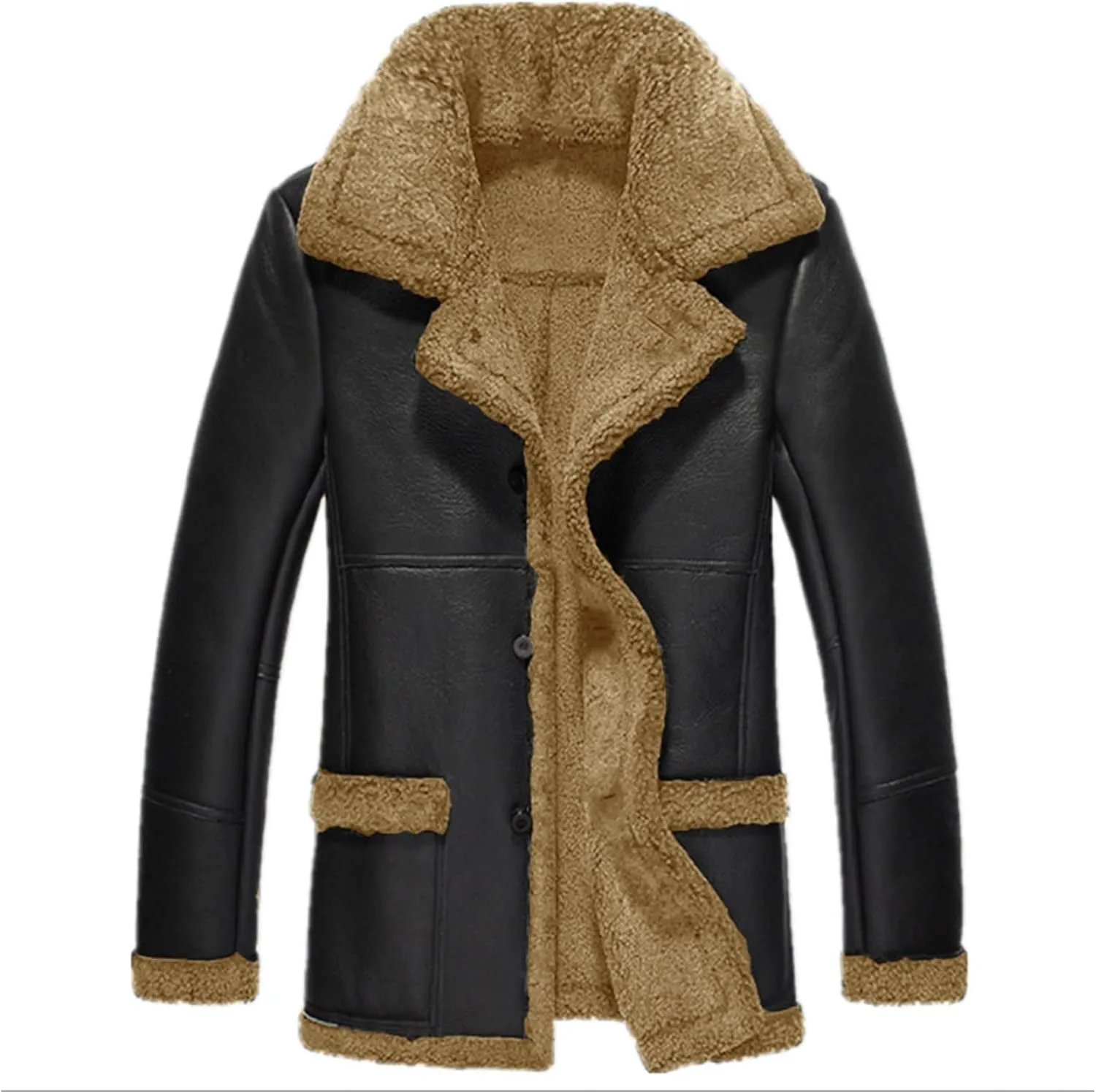 Mens Faux Leather Jacket Fleece Sherpa Lined Fur Coat Warm Winter Long PU Leather Jacket Duster Trench Coat for Men