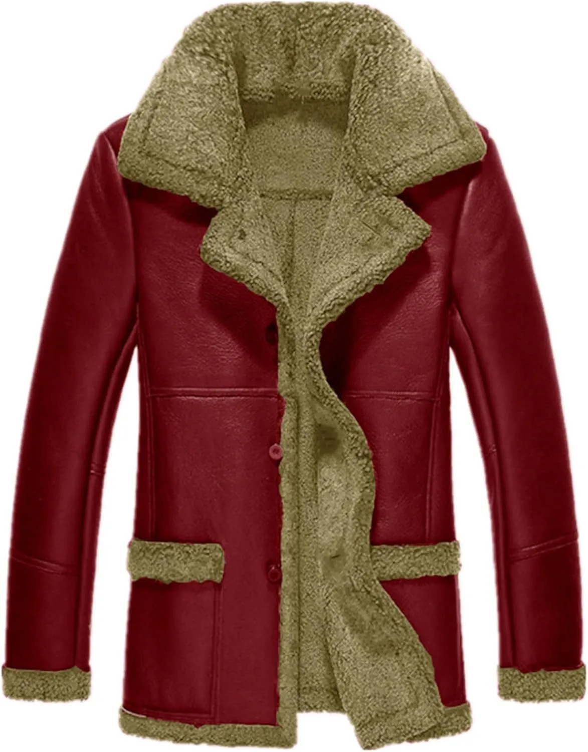 Mens Faux Leather Jacket Fleece Sherpa Lined Fur Coat Warm Winter Long PU Leather Jacket Duster Trench Coat for Men