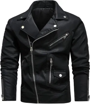 Mens Faux Leather Jacket PU Leather Retro Zip-Up Stylish Motorcycle Biker Jacket Long Sleeve Steampunk Coat