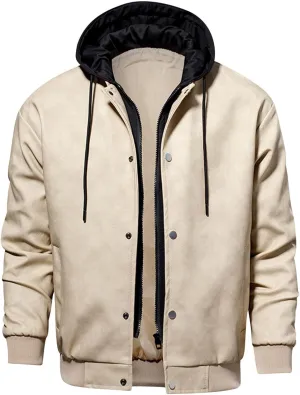 Mens Faux Leather Jackets Button Down Zip Long Sleeve Casual Jackets Hooded Trendy Motorcycle Biker Coat with Pocket