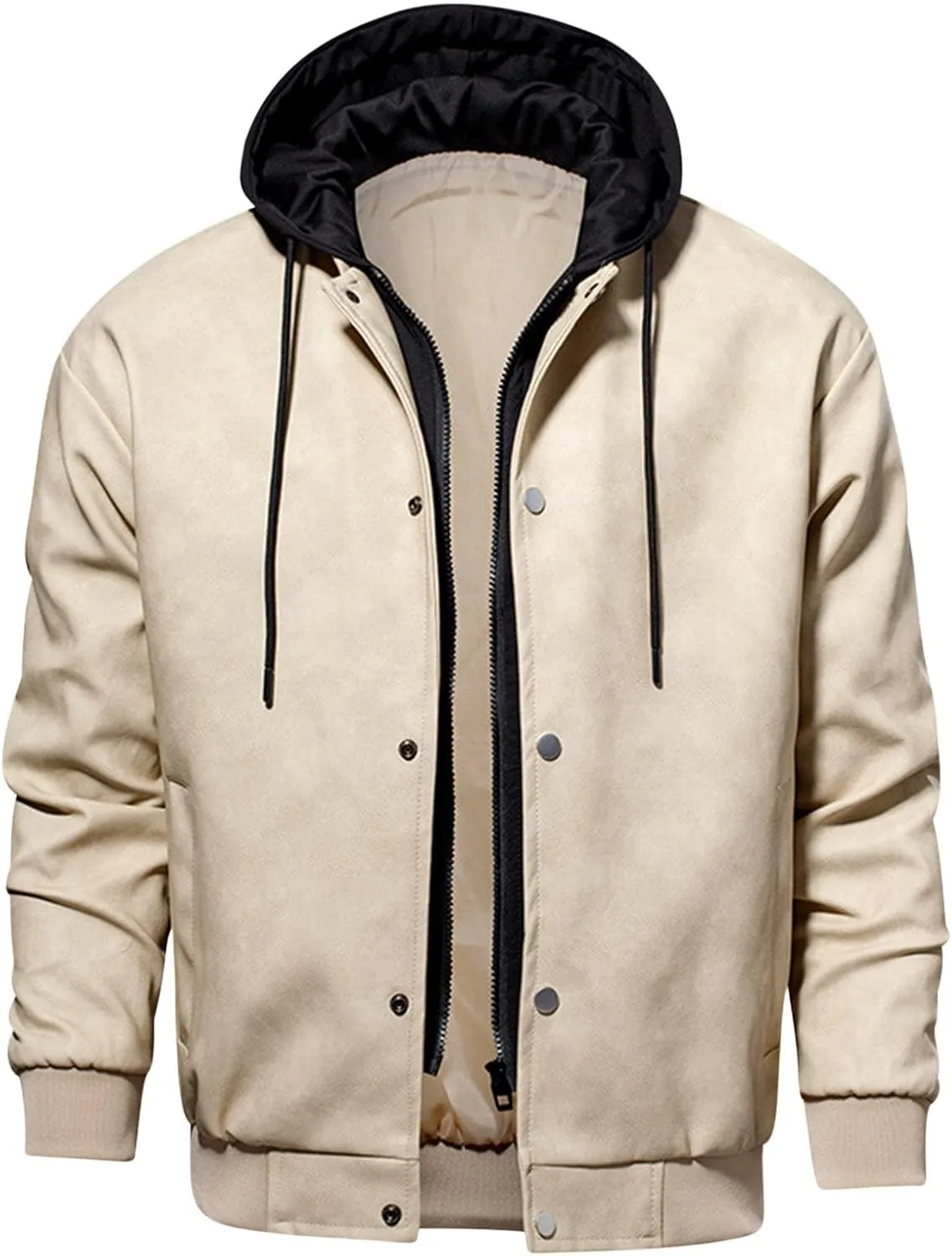 Mens Faux Leather Jackets Button Down Zip Long Sleeve Casual Jackets Hooded Trendy Motorcycle Biker Coat with Pocket