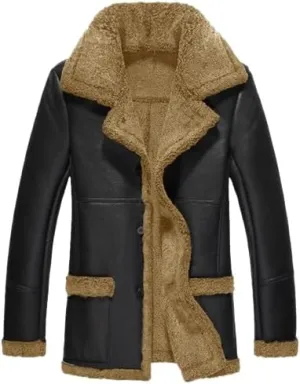 Mens Faux Leather Shearling Jacket Sherpa Lined Mid Lenth Coat Stand Collar Thick Motorbike Button Up Trenchcoat Outdoor