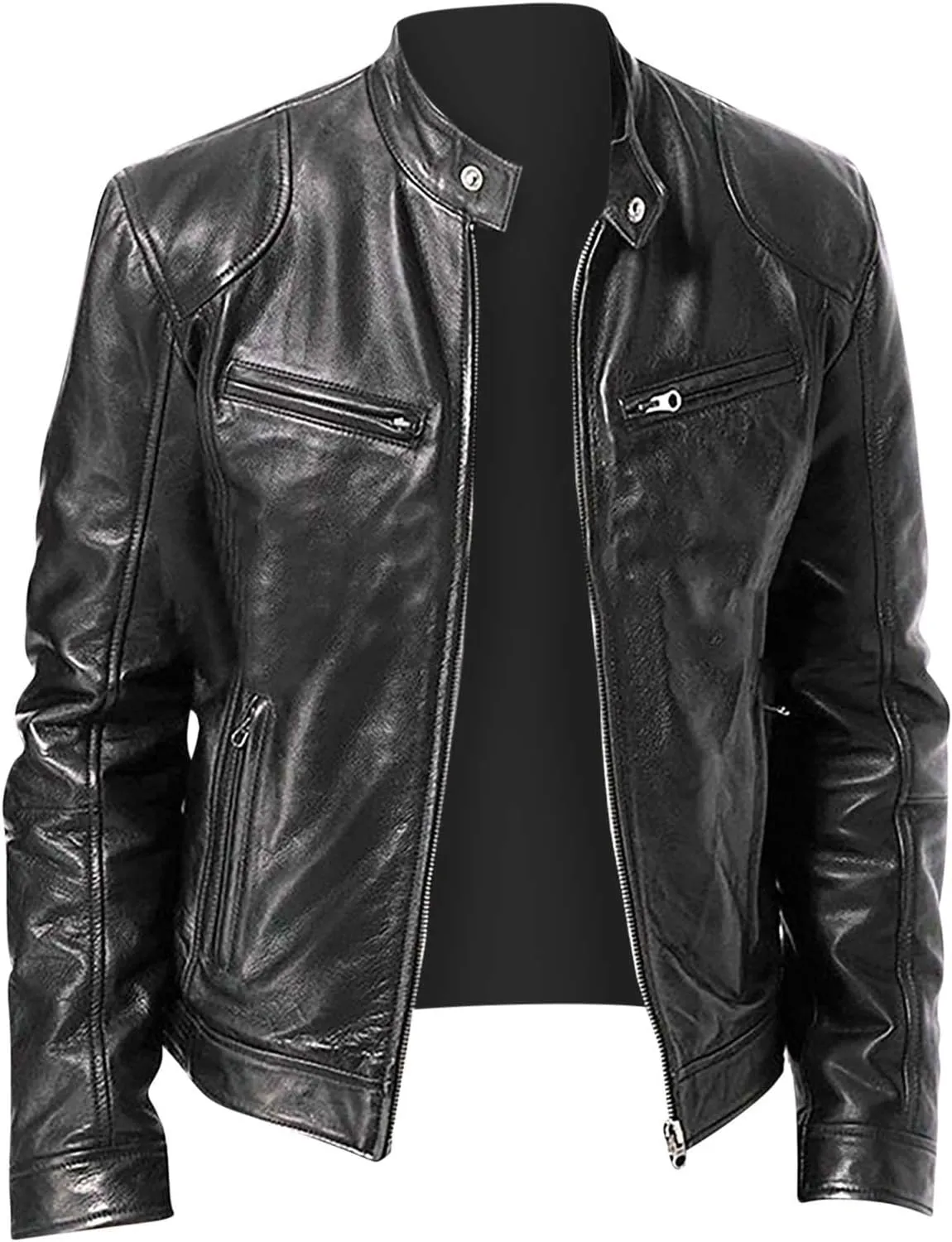 Mens Faux Leather Zip Up Jacket Stand Collar Leather Motorcycle Jacket Lightweight Bomber Outwear PU Coat Zip Pockets