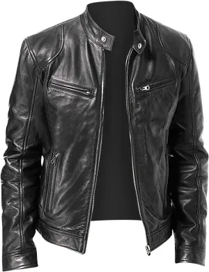 Mens Faux Leather Zip Up Jacket Stand Collar Leather Motorcycle Jacket Lightweight Bomber Outwear PU Coat Zip Pockets