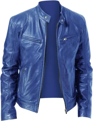 Mens Faux Leather Zip Up Jacket Stand Collar Leather Motorcycle Jacket Lightweight Bomber Outwear PU Coat Zip Pockets