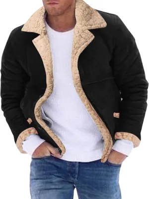 Mens Faux Shearling Jacket Suede Leather Crop Trench Coat Winter Sheepskin PU Leather Sherpa Lined Bomber Jacket
