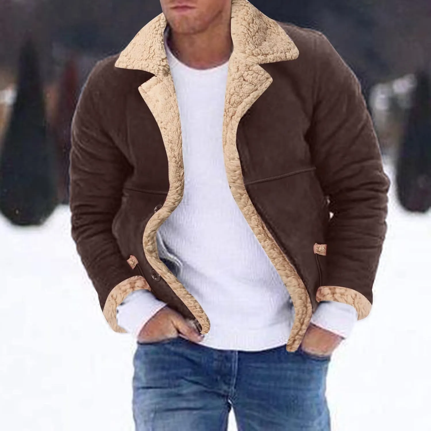 Mens Faux Shearling Jacket Suede Leather Crop Trench Coat Winter Sheepskin PU Leather Sherpa Lined Bomber Jacket