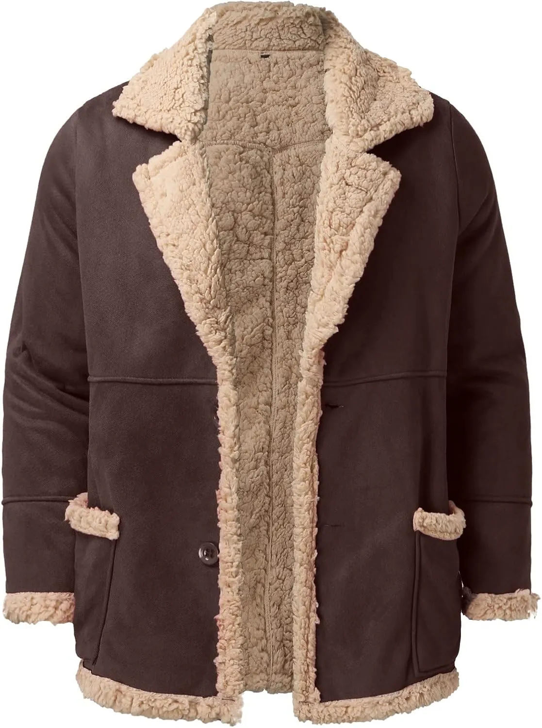 Mens Faux Shearling Jacket Suede Leather Crop Trench Coat Winter Sheepskin PU Leather Sherpa Lined Bomber Jacket